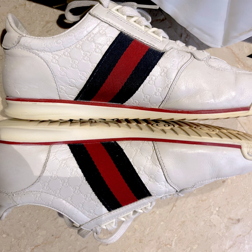 Gucci Men’s Sneaker Leather White Shoes GG web Detail size 6.5 (39) authentic